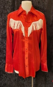 Fancy Vtg Women's Red White Western Fringe Pearl Button Snap Shirt Long Sleeve  - Picture 1 of 14