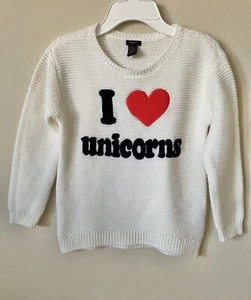 Forever 21 Ivory I Love Unicorns Heart Long Sleeve Pullover Sweater Size 7/8 - Picture 1 of 4