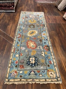 Fun Colors Hand Knotted Oushak Geometric Area Rug Carpet Runner 2’8”x7’11”,#75 - Picture 1 of 12