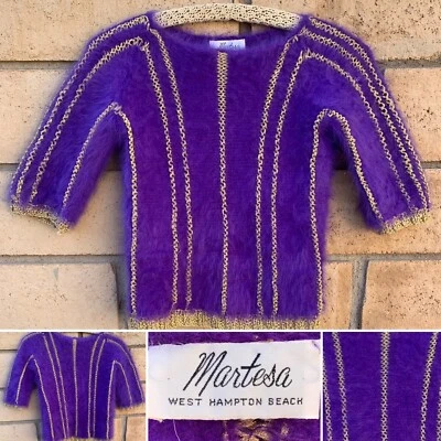 vintage Martesa West Hampton praia roxo fuzzy angorá e malha metálica dourada p - Imagem 1 de 4