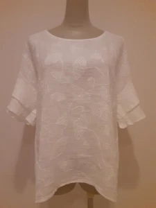 VALENTINA NALDI Made in Italy White 100% Linen Embroidered Ruffle Sleeve Top L - Picture 1 of 8