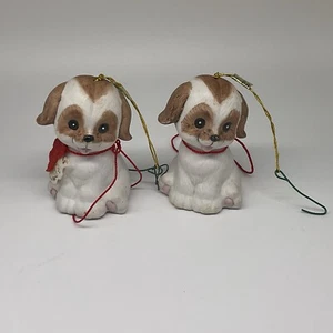 Pair Of Lil Chimer Puppy Jasco Ornament Bisque Porcelain Bell Dog Christmas - Picture 1 of 5