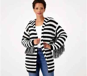 Attitudes by Renee Cardigan w/Hood w/Fringe Detail-White Onyx -Medium A521330 - Picture 1 of 2