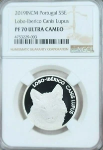 2019 PORTUGAL SILVER 5 EURO LOBO IBERICO CANIS LUPIS NGC PF 70 ULTRA CAMEO WOLF - Picture 1 of 3