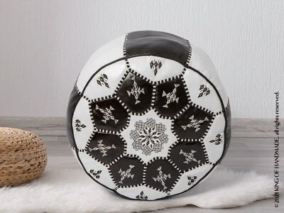Moroccan Handmade Genuine Leather Boho Pouf Ottoman Footstool Pouf Black & White - Image 1 of 4