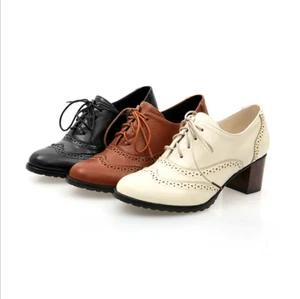 Ladies High Block Heels Lace Up Brogues Wingtip Oxfords Casual Comfy Shoes Size - Picture 1 of 7