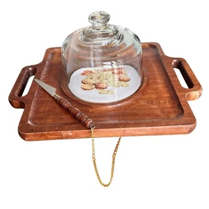 Vintage PWF Cheese Board w/ Glass Dome Knife Wood Grape Tile Taiwan MCM Retro - Picture 1 of 9