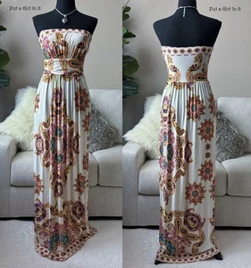USA New Womens IVORY PINK PAISLEY STRAPLESS BOHO LONG MAXI DRESS POCKETS S M - Picture 1 of 4