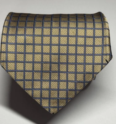 Corbata vintage Lands End, 100 % seda, oro y azul patrón a cuadros Foto 1 de 3
