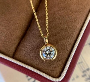 Moissanite Bezel Set Wedding Pendant 1.50 CT Round Cut Solid 14K Yellow Gold - Picture 1 of 7