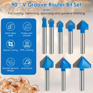 8Pcs V Cut Router Bit Set 1/4 Inch Shank Carpenter 90 Degree V Bit Cutter mocbm - Picture 1 of 11