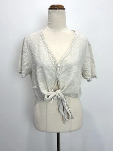 Iris Maxi Womens Crop Top Size 10 M Beige Linen Blend Tie Short Sleeve Peasant - Picture 1 of 10