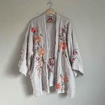Johnny Was Kimono Jacket Womens XXL Light Gray Linen Embroidered Floral Boho - Image 1 of 4