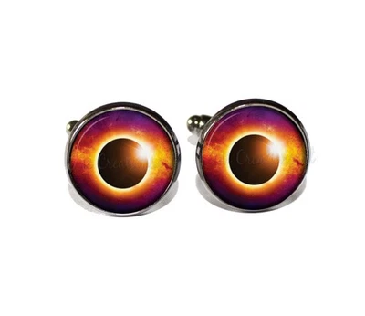 Total Eclipse Space Celestial - Handmade Glass Metal Cuff Links Gift for Him - Image 1 of 3