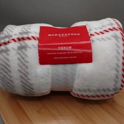 NEW Wondershop Throw Blanket Christmas 50x60 in White Red Gray Plaid Plush - Image 1 of 4