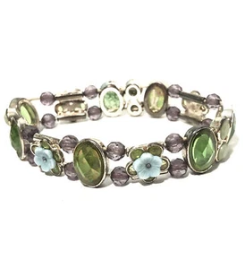 Women’s Silver Tone Stretch Bracelet W/ Green, Purple Gems & Flower Slide Charms - Picture 1 of 24