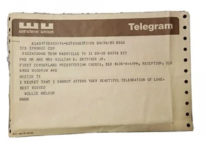 Willie Nelson 1982 Western Union Personal Telegram - Authentic Mem - Picture 1 of 7