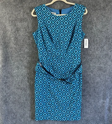 NEW Dressbarn Dress Womens 12 Blue Geometric Sheath Peplum Belted Sleeveless - Image 1 of 4
