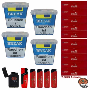 4x Break Blue/Blau Volumentabak Giga Box à 215g + 2000 Winston Hülsen + Zubehör