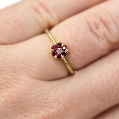 0.33 Ct Natural Ruby & Lab Grown CVD Diamond Cluster Ring 10k Solid Yellow Gold - Image 1 of 4