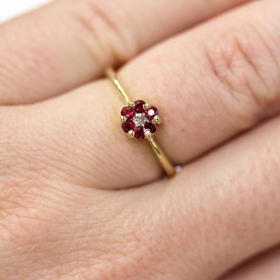 0.33 Ct Natural Ruby & Lab Grown CVD Diamond Cluster Ring 10k Solid Yellow Gold - Image 1 of 4