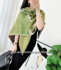 Sallys 70% Cashmere 30% Silk Wrap Scarf Crane Print 2 Face Shawl 53" Teal/Green - Picture 1 of 12