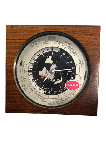 Seiko Quartz World Clock Time Red Airplane Vintage Working Desk Wood QZ877B A67 Cover