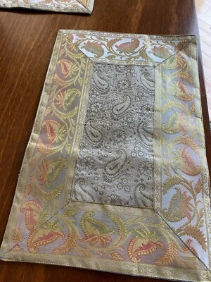 Table Placemat Gray Table Decor Silk Brocade Mat 12 X 18 Inch Mat Paisley Decor - Image 1 of 4
