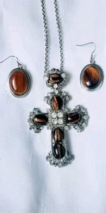 South African Tigers Eye Crystal Cross Pendant Chain Tigers Eye Earrings Set - Picture 1 of 8