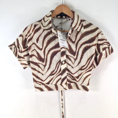 NUEVO Camisa Zara Mujer Crop Botones Talla M Aus 8 Beige Marrón Animal 124838 Foto 1 de 4