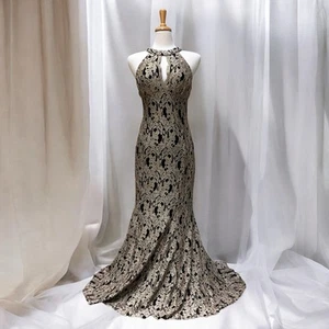 Nightway Dress Gown Sz 8 Black Gold Sparkle Halter Maxi Formal Fairy Whimsy - Picture 1 of 14