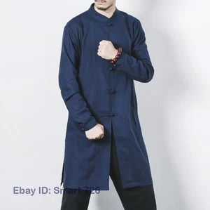 Mens Youth Mandarin Collar Linen Cotton Long Chinese Retro Tang Jacket Coat - Picture 1 of 16