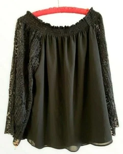 Camicetta Nanette Lepore nera top elegante pizzo maniche spalle scoperte/sulle taglia large - Foto 1 di 11