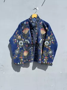 Embroidery suzani Blue velvet Jacket Coat Handmade Women Wear Jacket Overcoat - Picture 1 of 5