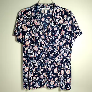 Dana Buchman Blouse Navy Floral Short Slv Button-up Polyester Shirt ~ Size XL - Picture 1 of 7