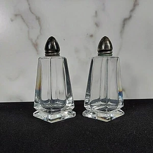 Art Deco Cut Crystal Salt & Pepper Shakers Silver Plate Tops Heavy Geometric VTG - Picture 1 of 10