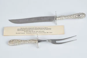 Vintage Stieff Repousse Rose Sterling Silver Carving Knife 11.5" & Fork 9.5" Set - Picture 1 of 12