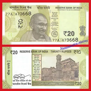 INDIA 20 Rupees rupias Gandhi 2019 Plate R NEW DESIGN Pick New SC / UNC - Imagen 1 de 1