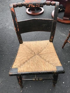 Antique American Childs Black Country Chair w/Rush Seat  1800's? - Picture 1 of 6