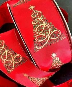 Christmas 2.5" x 5 yd Red Satin Wired Ribbon Gold Metallic Green Glitter Trees - Picture 1 of 7