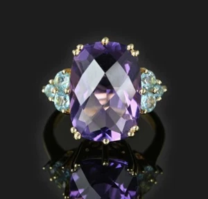 DENOIR 14k Gold Pentagon Cut Blue Topaz Amethyst & Round Diamond Dome Bombe Ring - Picture 1 of 6