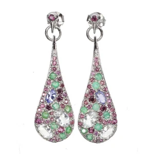 Summer 925 Silver Earrings Oval Aquamarine Emerald Tanzanite Gemstone - Picture 1 of 9
