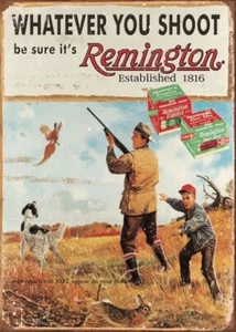 Anuncio de caza Remington de colección FOTO escopetas rifles conchas rústico letrero decoración foto - Imagen 1 de 2