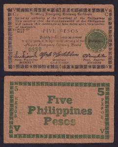 1944 US Philippines 5 Pesos FREE NEGROS Fancy SN 0990 WW2 Emergency Currency - Picture 1 of 4