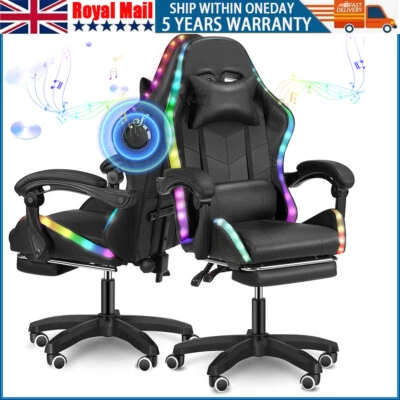 OYAJIA LED RGB Reclining Gaming Chair with Footrest & Bluetooth Music Speakers Black