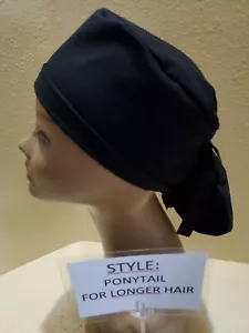Solid Black Women's Ponytail Surgical Scrub Hat/Cap - Picture 1 of 7