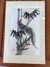 Vintage Asian Bird Painting On White Silk With Asian Character Signature