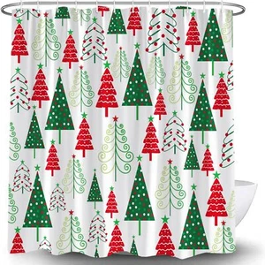 Christmas Shower Curtain Red Green Xmas Tree Star Polka Dots Cartoon Modern G... - Picture 1 of 8