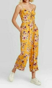 XHILARATION XXL CROPPED FLORAL V-NECK SHIRRED BACK TANK TOP ROMPER, MUSTARD - Picture 1 of 5