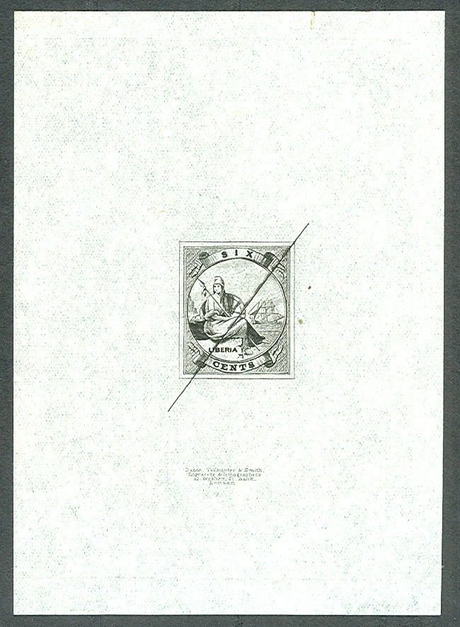 LIBERIA #7P 6¢ con línea de marco, prueba de diseñador en negro en muy buen estado Foto 1 de 1